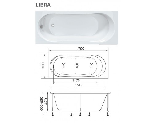 Ванна акриловая 1Марка "LIBRA" 170х70 прямоугольная без каркаса и панели