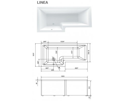 Ванна акриловая 1Марка "LINEA" 165*85 L прямоугольная без каркаса и панели