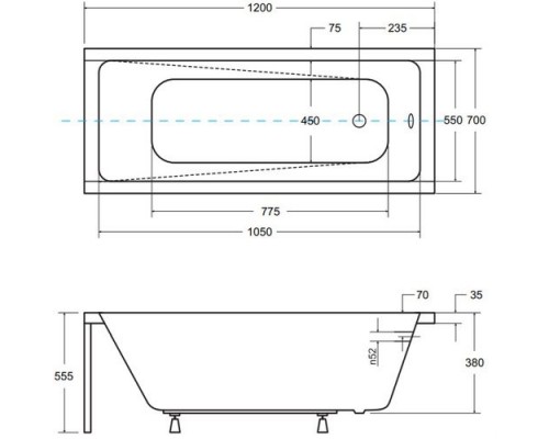Ванна акриловая 1Марка "MODERN" 120*70 прямоугольная без каркаса и панели