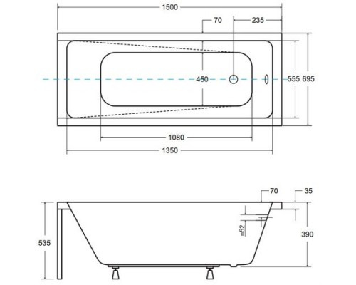 Ванна акриловая 1Марка "MODERN" 150*70 прямоугольная без каркаса и панели