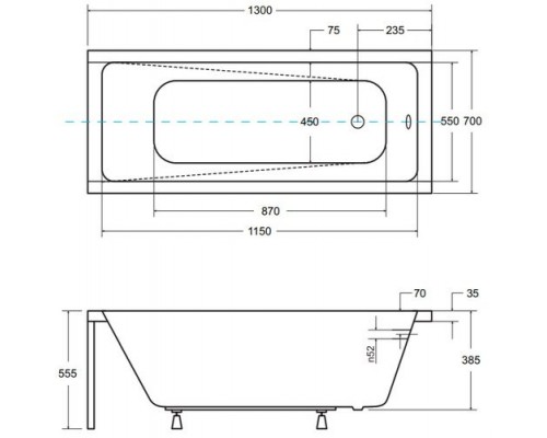 Ванна акриловая 1Марка "MODERN" 130*70 прямоугольная без каркаса и панели