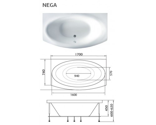 Ванна акриловая 1Марка "NEGA" 170*95 прямоугольная без каркаса и панели