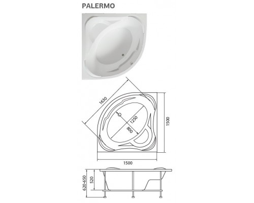 Ванна акриловая 1Марка "PALERMO"  150*150 угловая без каркаса и панели