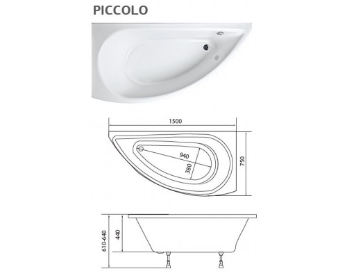 Ванна акриловая 1Марка "PICCOLO" 150*75 L угловая без каркаса и панели