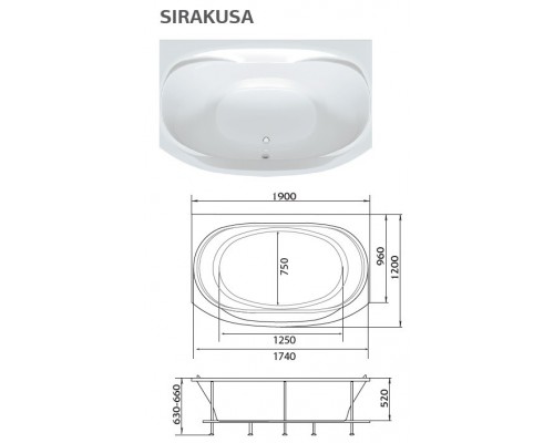 Ванна акриловая 1Марка "SIRAKUSA" 190*120 прямоугольная без каркаса и панели