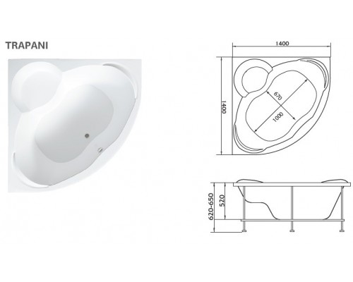 Ванна акриловая 1Марка "TRAPANI" 140*140 угловая без каркаса и панели