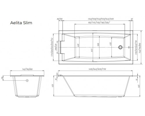 Ванна акриловая 1Марка "AELITA" 165*75 Slim прямоугольная без каркаса и панели