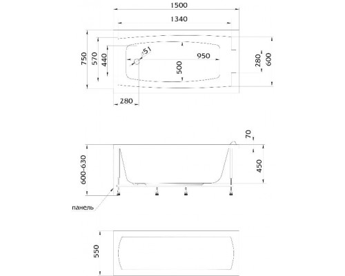Ванна акриловая 1Марка "AELITA" 150*75 прямоугольная без каркаса и панели