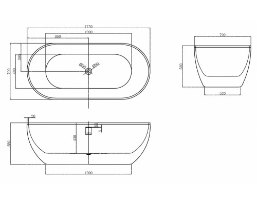 ABBER акриловая ванна слив-перелив цвет черный матовый 172x79x58 I AB9241MB