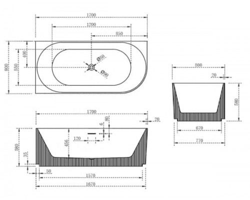 ABBER акриловая ванна слив-перелив стальной каркас 170x80x58 I AB9329-1.7 L