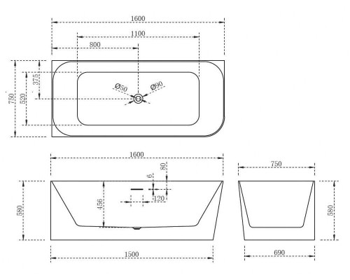 Акриловая ванна ABBER AB9331-1.6 L (160x75см)