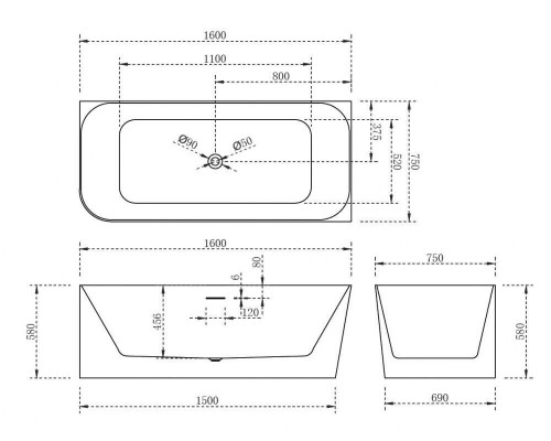 Акриловая ванна ABBER AB9331-1.6 R (160x75см)