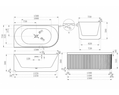 ABBER акриловая ванна слив-перелив стальной каркас 150x75x58 I AB9412-1.5 L