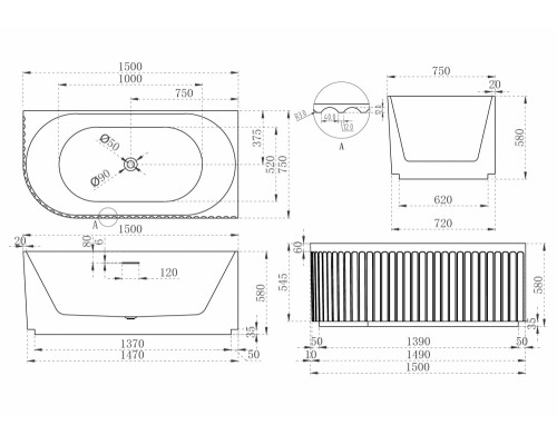 ABBER акриловая ванна слив-перелив стальной каркас 150x75x58 I AB9412-1.5 R