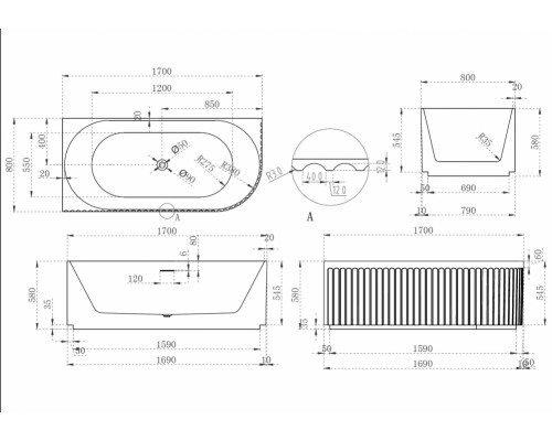 ABBER акриловая ванна слив-перелив стальной каркас 170x80x58 I AB9412-1.7 L