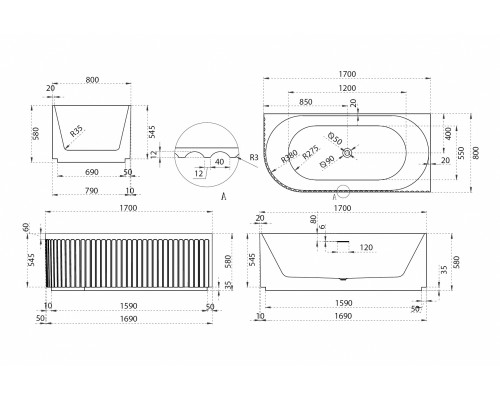 ABBER акриловая ванна слив-перелив стальной каркас 170x80x58 I AB9412-1.7 R