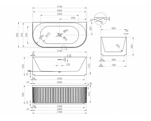 ABBER акриловая ванна слив-перелив стальной каркас 170x80x58 I AB9416-1.7