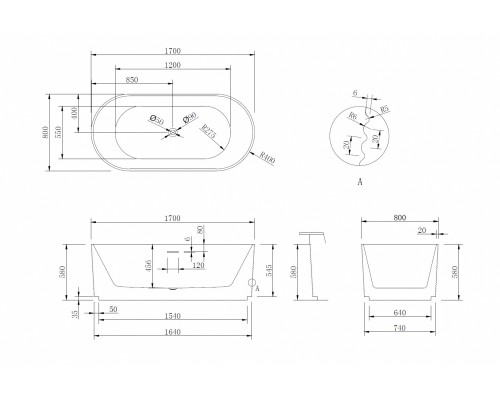ABBER акриловая ванна слив-перелив стальной каркас 170x80x58 I AB9436-1.7