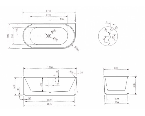 ABBER акриловая ванна слив-перелив стальной каркас 170x80x58 I AB9438-1.7 L