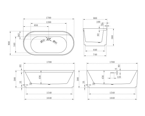 ABBER акриловая ванна слив-перелив стальной каркас 170x80x58 I AB9444MW