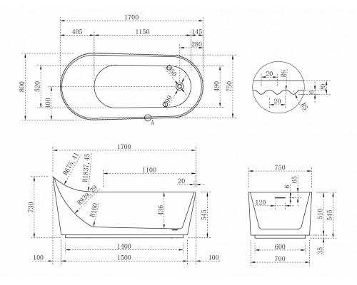 ABBER акриловая ванна слив-перелив стальной каркас 170x80x73 I AB9445MW