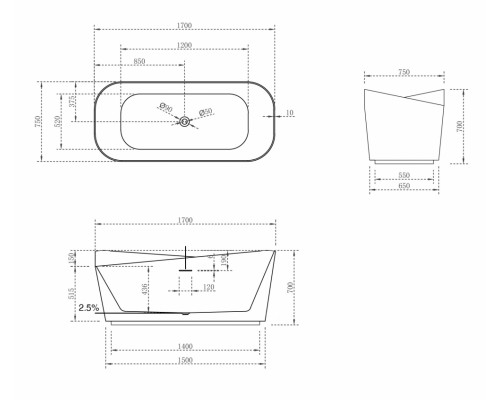 ABBER ванна из искусственного камня цвет: белый матовый 170x75x70 I AS9609
