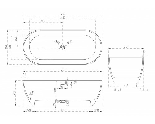 ABBER ванна из искусственного камня цвет: белый матовый 170x75x55 I AS9613-1.7