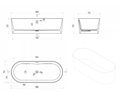 ABBER ванна из искусственного камня цвет: белый матовый 180x75x52 I AS9614