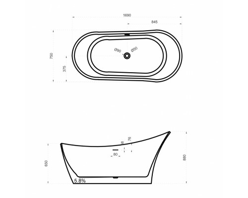 ABBER ванна из искусственного камня цвет: белый матовый 169x75x88 I AS9618