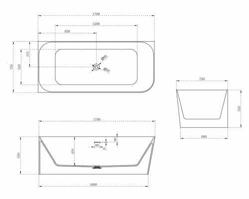 ABBER ванна из искусственного камня цвет: белый матовый 170x75x55 I AS9621-1.7 L