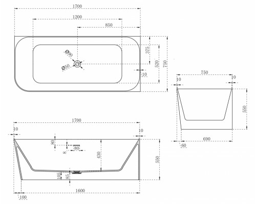 ABBER ванна из искусственного камня цвет: белый матовый 170x75x55 I AS9621-1.7 R