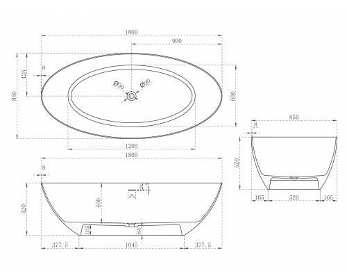 ABBER ванна из искусственного камня цвет: белый матовый 180x85x52 I AS9625-1.8