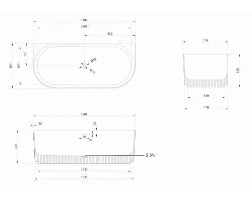 ABBER ванна из искусственного камня цвет: белый матовый 170x75x55 I AS9630