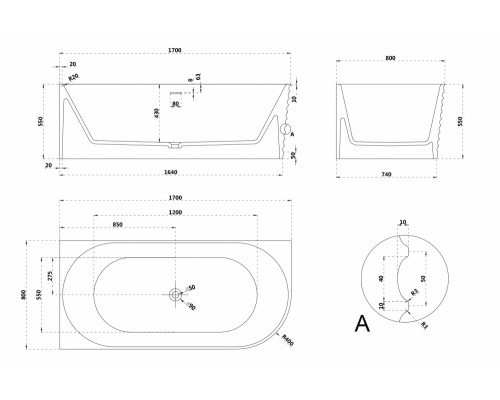 ABBER ванна из искусственного камня цвет: белый матовый 170x80x55 I AS9651 L