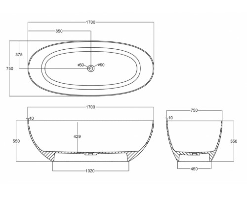 ABBER прозрачная ванна из полиэфирной смолы цвет черный 170х75х55 I AT9703Onyx
