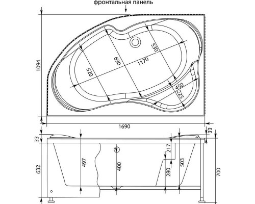 Асимметричная угловая ванна AQUANET CAPRI 170*110 L (203914)