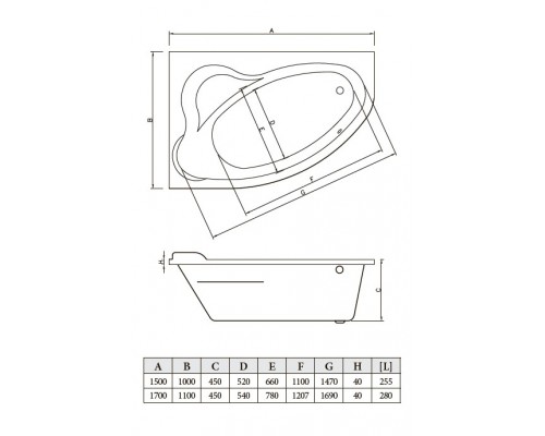 Ванна акриловая ROSA 170*110 левая, с ножками Standard, BONITO HOME, BH-RA-101-170L/St, Польша
