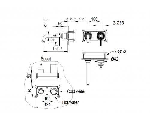 Смеситель для умывальника из стены, Boheme ETERNA GOLD 175-G