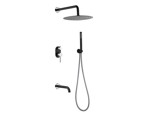 Смеситель встроенный + верхний+ ручной душ, Uno. Black Chrome с изливом 464-2-BCR