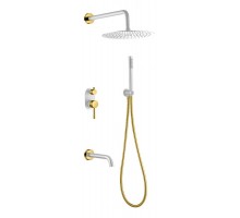 Смеситель встроенный + верхний+ ручной душ, Uno. White Gold с изливом 464-2-WG