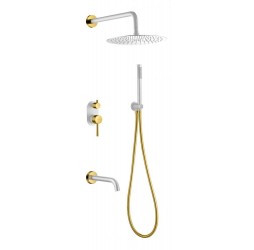 Смеситель встроенный + верхний+ ручной душ, Uno. White Gold с изливом 464-2-WG