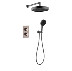 Комплект скрытого монтажа для душа с термостатом Boheme CELL  2-х режимным Верхним душем 32см +многофункциональная ручная лейка 13.5см, излив цвет оружейная сталь
