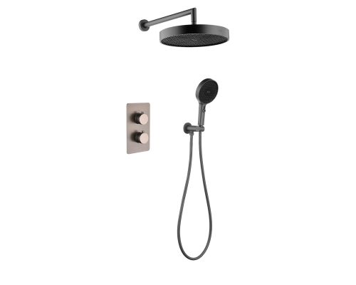 Комплект скрытого монтажа для душа с термостатом Boheme CELL  2-х режимным Верхним душем 32см +многофункциональная ручная лейка 13.5см, излив цвет оружейная сталь