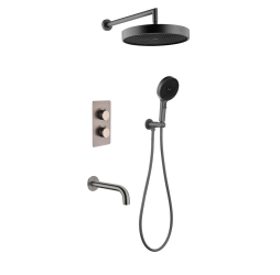 Комплект скрытого монтажа для душа с термостатом Boheme CELL  3-х режимным Верхним душем 32см +многофункциональная ручная лейка 13.5см, излив цвет Shine Gun Metall