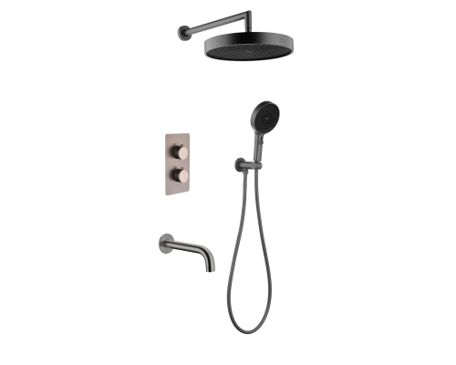 Комплект скрытого монтажа для душа с термостатом Boheme CELL  3-х режимным Верхним душем 32см +многофункциональная ручная лейка 13.5см, излив цвет Shine Gun Metall