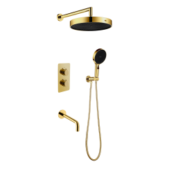 Комплект скрытого монтажа для душа с термостатом Boheme CELL  3-х режимным Верхним душем 32см +многофункциональная ручная лейка 13.5см, излив цвет золото матовое