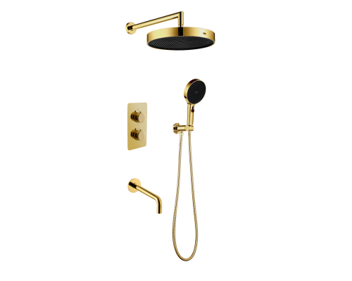 Комплект скрытого монтажа для душа с термостатом Boheme CELL  3-х режимным Верхним душем 32см +многофункциональная ручная лейка 13.5см, излив цвет золото матовое