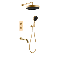 Комплект скрытого монтажа для душа с термостатом Boheme CELL  3-х режимным Верхним душем 32см +многофункциональная ручная лейка 13.5см, излив цвет золото глянец