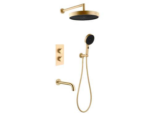 Комплект скрытого монтажа для душа с термостатом Boheme CELL  3-х режимным Верхним душем 32см +многофункциональная ручная лейка 13.5см, излив цвет золото глянец