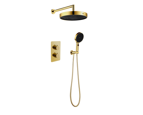 Комплект скрытого монтажа для душа с термостатом Boheme CELL  2-х режимным Верхним душем 32см +многофункциональная ручная лейка 13.5см, излив цвет золото матовое